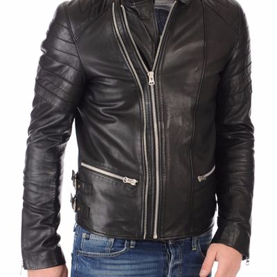 Men's genuine leather jacket black slim fit biker fashion jacket - Thumbnail 4