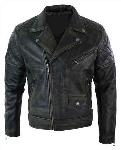 Mens Cross Zip Black Washed Vintage Retro Biker Jacket Real Leather Jacket