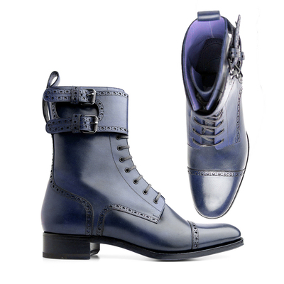 New men handmade navy cap toe boot double monk strap buckle - Thumbnail 5