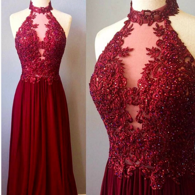 Burgundy high neck lace long prom dress, burgundy evening dresses