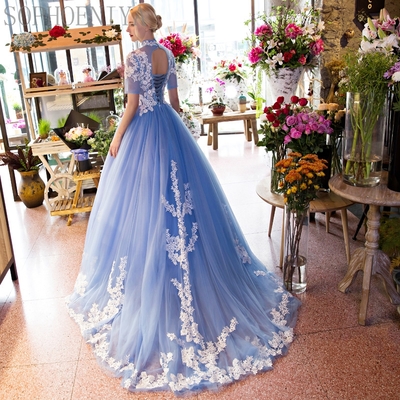 Blue prom dress, half sleeve prom dress, lace applique prom dress, high neck prom dress, a line prom dress - Thumbnail 2