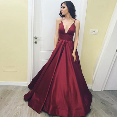 Simple a -line burgundy v neck long prom dress, burgundy evening dress