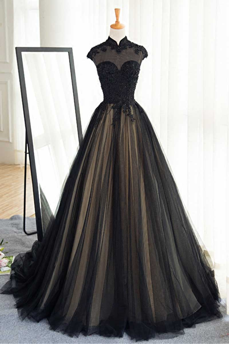 black lace ball gown dress