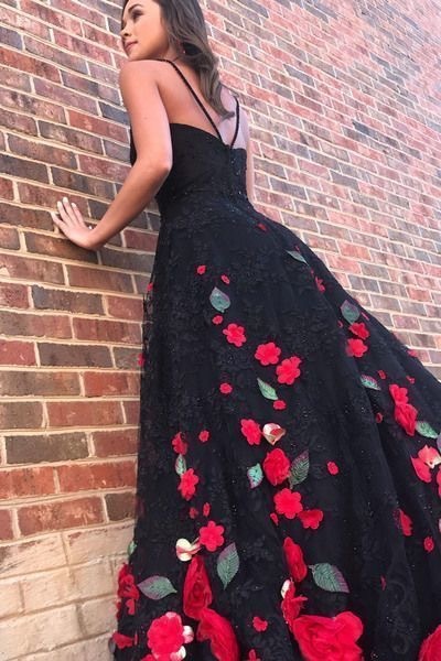 black dress with red roses prom