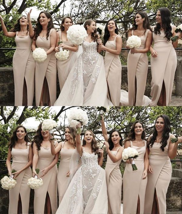 Sheath Scoop Neck Split Ivory Satin Bridesmaid Dresses