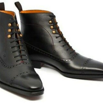 Best handmade black cap toe ankle high military leather lace up boot