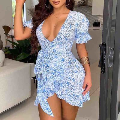 Blue ruffled short sleeve print dress