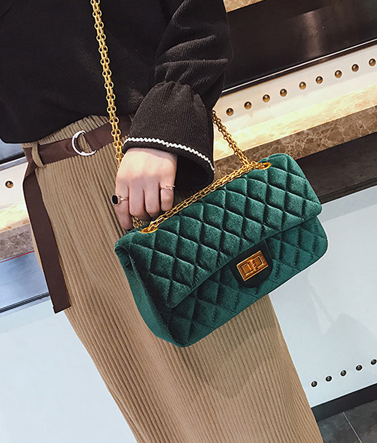 Quilted Emerald Green Velvet Shoulder Bag Chain Handbag Sling Bag on ...